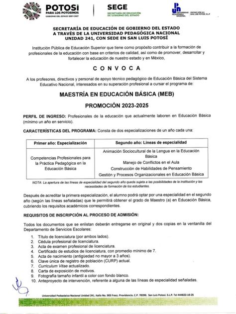 Convocatoria a cursar Maestrías en UPN 241 San Luis Potosí Sección 26