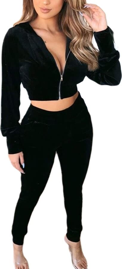 Femereina Women Velour Velvet Tracksuit Zip Up Crop Tops Long Pants Playsuit Sport Gym Jogging