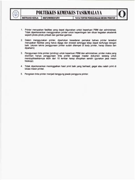 Sop Tatat Tertib Penggunaan Mesin Printer Pdf