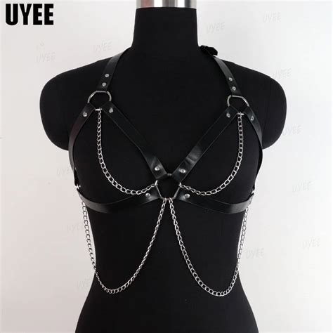 UYEE Sexy Leather Chest Belt Goth Women Lingerie Bra Harness Bondage Body Chain Strap Black