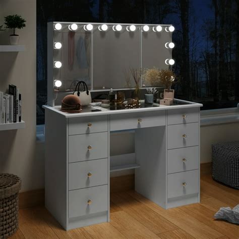 Makeup Vanity Glass Top Vanity Desk With Mirror And Lights 3 Lighting Colors Makeup Vanity