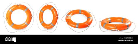 Set With Orange Life Buoys On White Background Banner Design Stock