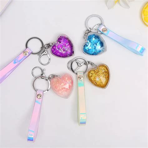 Creative Heart Quicksand Key Chains Women Laser Pendant Magic Love Key Ring Cute Moving Liquid