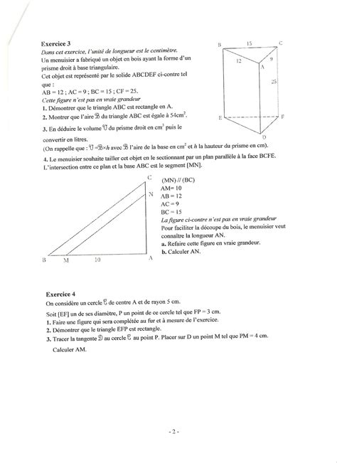 Exercice Brevet Blanc 4eme Maths