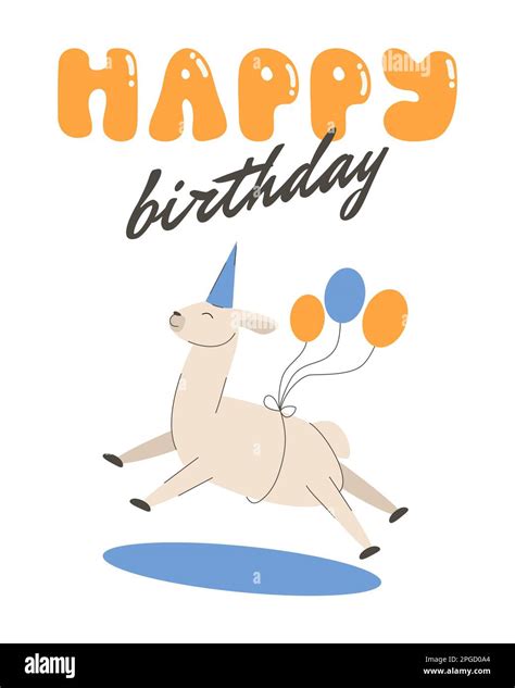 Happy birthday card with funny flying lama, alpaca. Llama with baloons ...