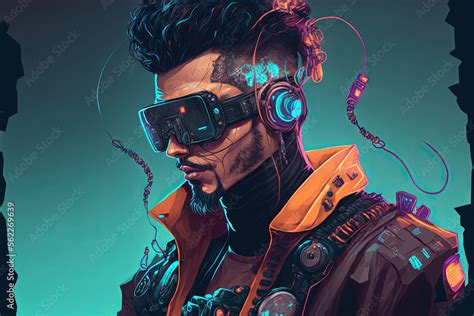 Ilustracja Stock Image Depicts A Man In Cyberpunk Attire Including