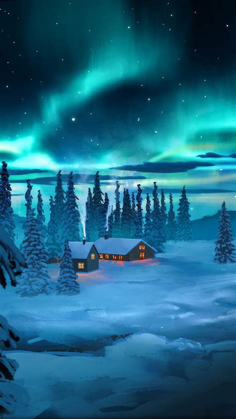 Northern Lights Snowy Night 4K #7033a Wallpaper PC Desktop