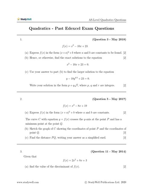 Quadratics Exam Questions Pdf