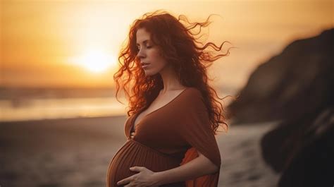 Premium Ai Image A Pregnant Woman Stands On The Beach In Front Of A