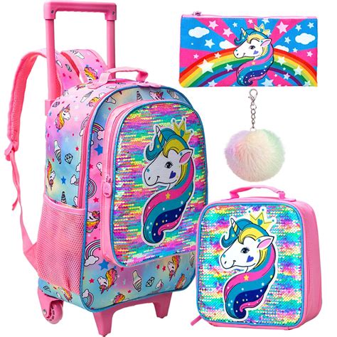 Buy 3PCS Rolling Backpack For Girls Wheeled Unicorn Bookbag With Lunch