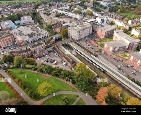 an aerial view of the centre of Exeter City showing Exeter Central ...