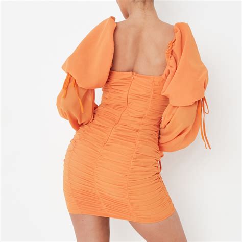 Missguided Chiffon Puff Sleeve Ruched Mini Dress Orange