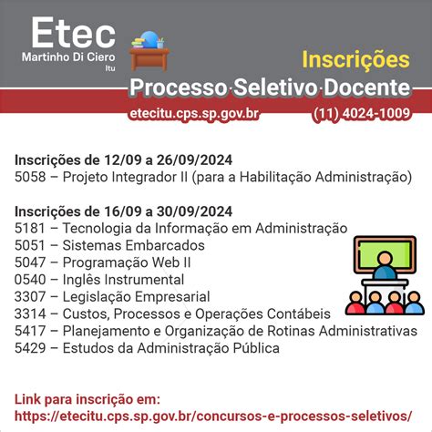 Processos Seletivos Abertos Setembro Etec Martinho Di Ciero