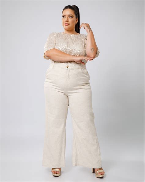 Cal A Wide Leg Plus Size De Linho El Stico Na Cintura Rimale