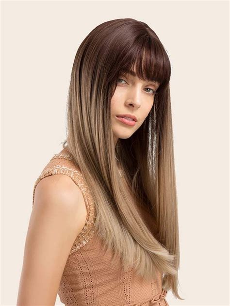 Shein Natural Long Straight Ombre Wig With Bangs Brown Wig Brown Ombre Brown To Blonde Long