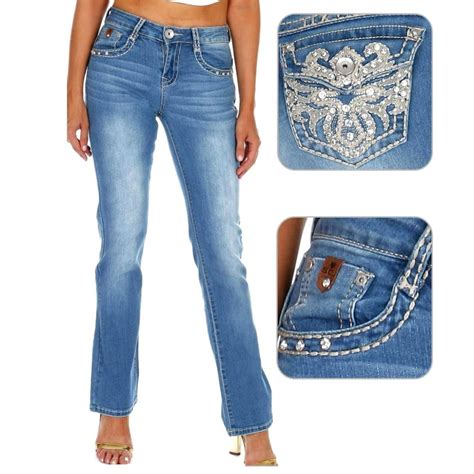 Sexy Couture Sexy Couture Womens Rhinestone Mid Rise Boot Cut Light Wash Denim Jeans