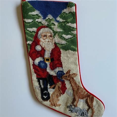 Unbranded Holiday Vintage Christmas Stocking Needlepoint Santa Feeding An Adorable Deer And