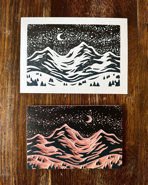 Starry Mountains Block Print Etsy Linocut Printmaking Linocut