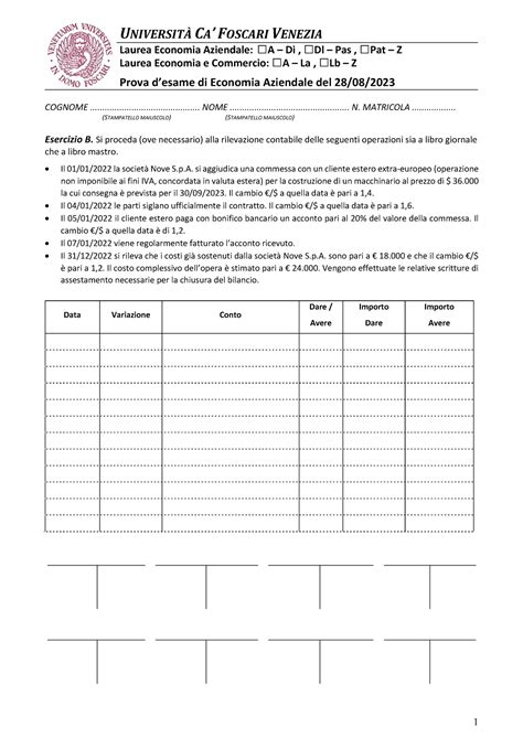 Ec Az Esame Con Soluzione Del Economia Aziendale Ca Foscari