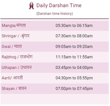 Shrinathji Temple Nathdwara Timings of Darshan and Aarti