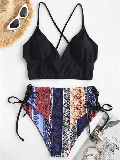 Zaful For Womens Swimwear Boho Lace Up Mix And Match Tankini Swimwear