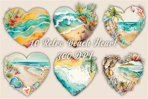 Retro Beach Heart Watercolor Clipart Masterbundles