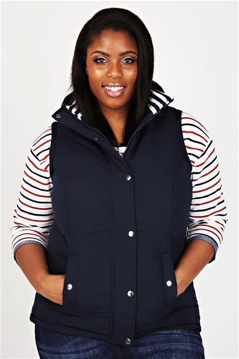 Navy Quilted Gilet With Striped Lining With Hood Plus Size 16 To 36