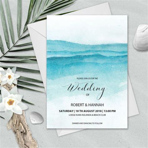 BEACH Wedding Invitation Printable Template Blue Water Etsy Beach