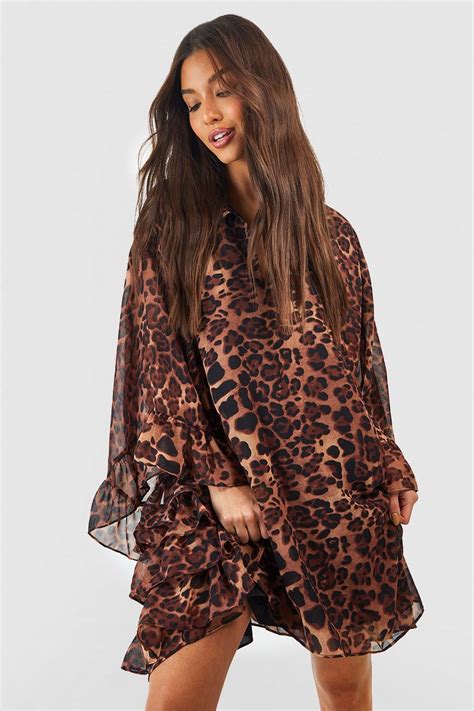 Chiffon Leopard Ruffle Smock Dress Boohoo Uk