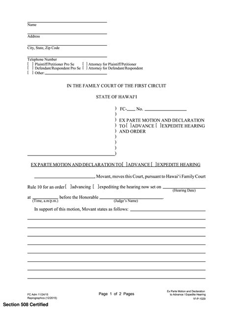 Hawaii Ex Parte Motion Fill Online Printable Fillable Blank