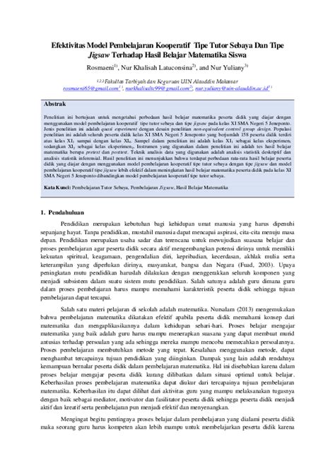 Pdf Efektivitas Model Pembelajaran Kooperatif Tipe Tutor Sebaya Dan