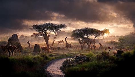 Paisaje De Sabana Africana Con Un R O Al Atardecer Foto Premium