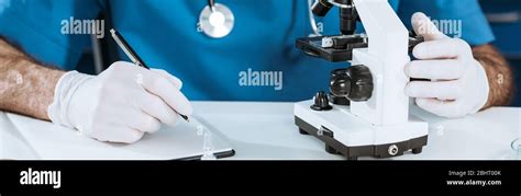 Partial View Of Biologist In Latex Gloves Writing In Notebook Near