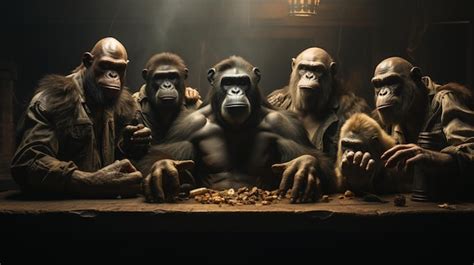 Premium Ai Image There Are Five Monkeys Sitting At A Table Eating