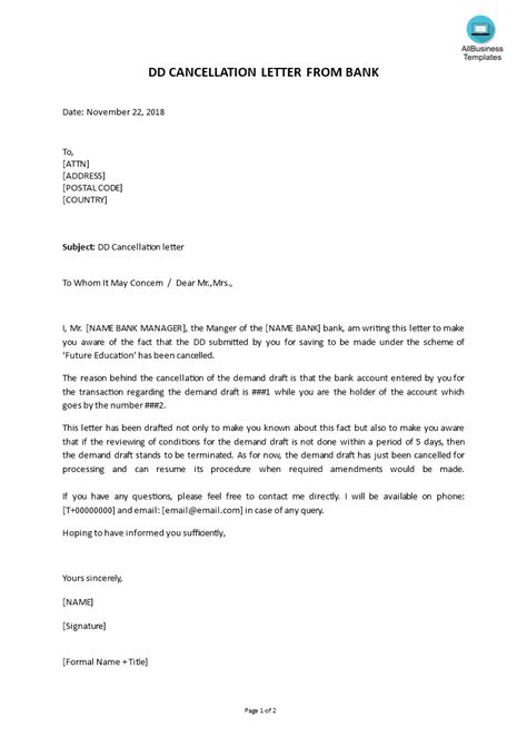 Dd Cancellation Letter From Bank Templates At Allbusinesstemplates