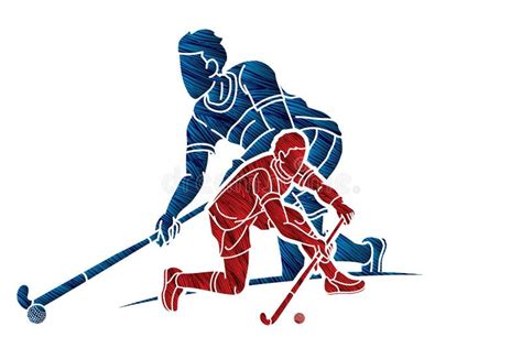 Field Hockey Sport Team Male Players Action Together Cartoon Graphic