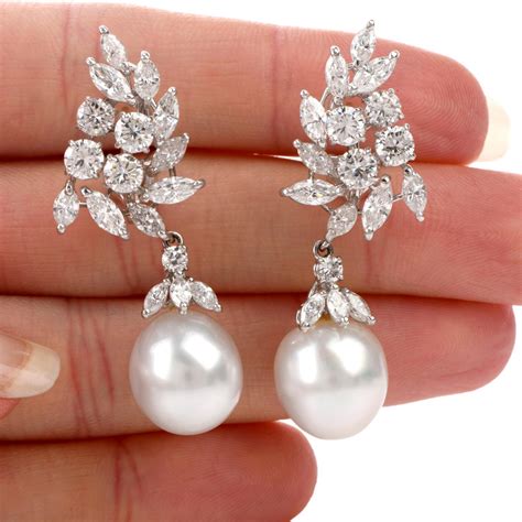 S Cluster Diamond Pearl Dangle Platinum Drop Earrings At Stdibs