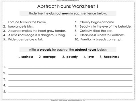 Abstract Nouns Worksheet English Year 3