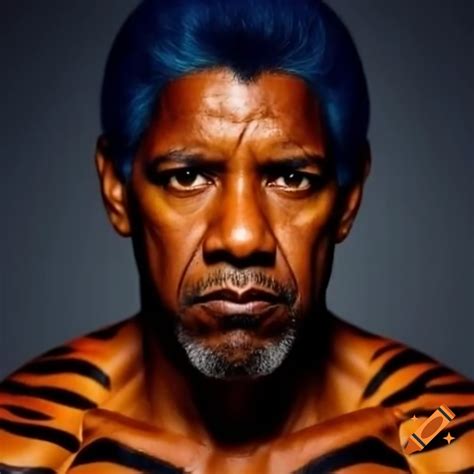 Muscular Person With Tiger Style Makeup Featuring Blue Hair And Orange