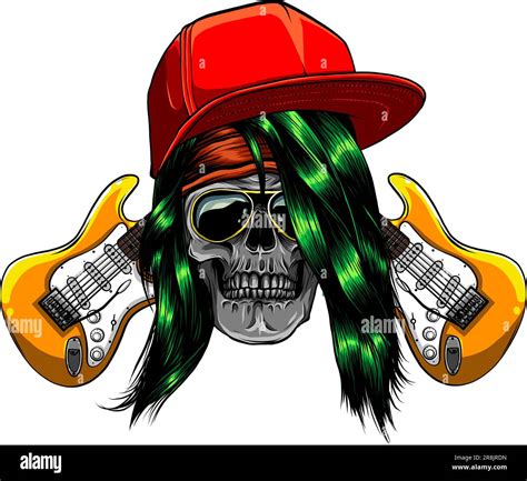 Vector Illustration Of Crossed Guitars And Skull With Bonnet And Glasses Hand Draw On White