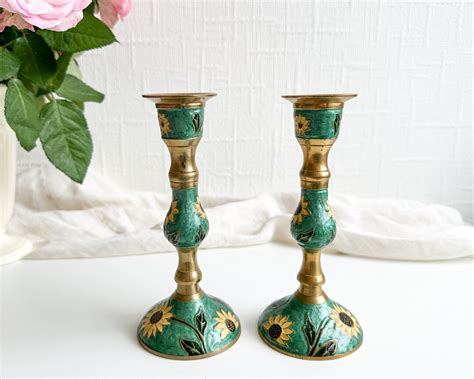 Pair Of Vintage Brass Candlesticks Sunflower Enamelled Brass Candle