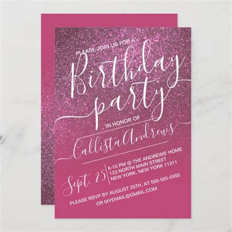 Rose Wine Pink Faux Sparkly Glitter Ombre Birthday Invitation Zazzle