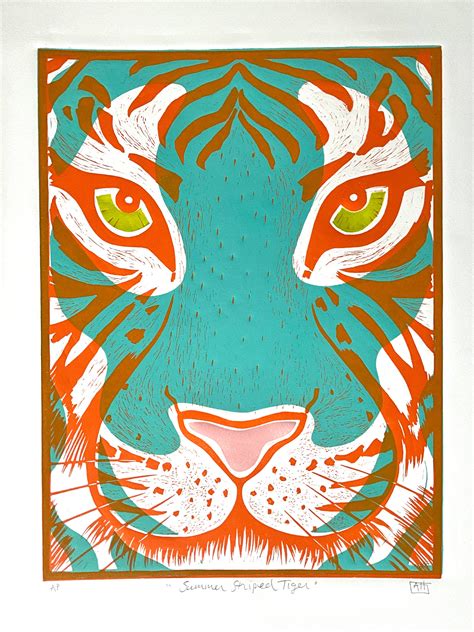 Summer Striped Tiger Animals Jungle Linocut Original Etsy