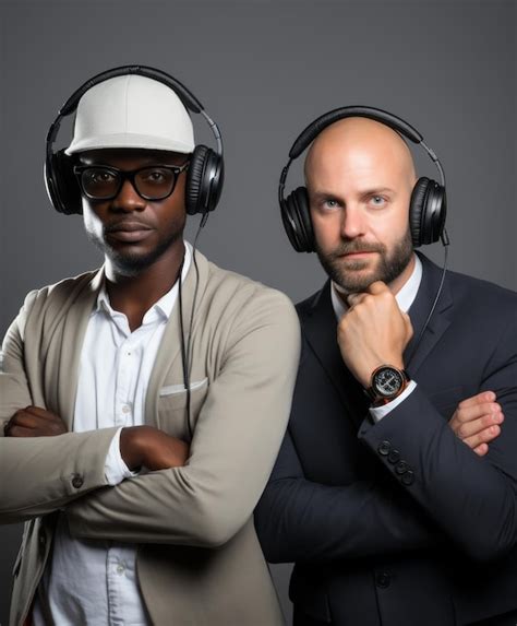 Premium Photo Two Men Wearing Headphones Standing Together