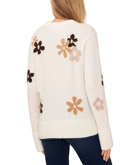 Cece Womens Flower Patterned Knit Crewneck Sweater Macys