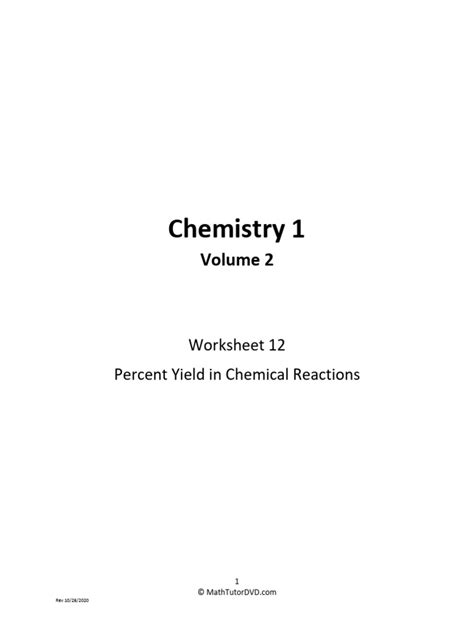 Chemistry 1 Tutor Vol 2 Worksheet 12 Percent Yield In Chemical Reactions Pdf Mole