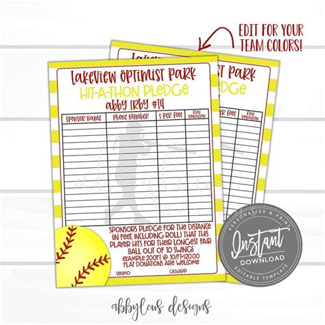 EDITABLE Softball Hit A Thon Pledge Form Printable Softball Fundraiser