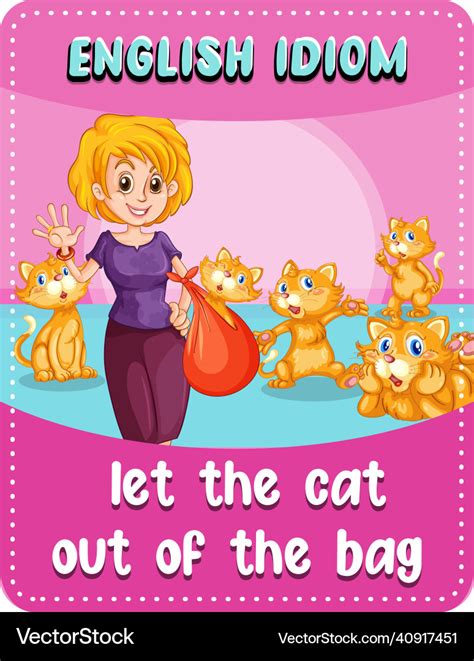 English Idiom With Let The Cat Out Of Bag Vector Image