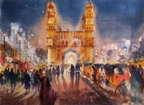 Charminar Night Watercolor On Paper Painting By Kishore Singh Artmajeur