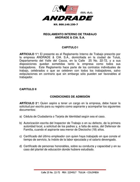 Reglamento Interno De Trabajo Andrade Y Cia Sas By Duvan Edilson